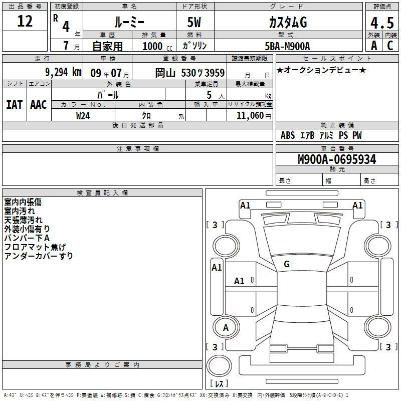 Аукционный лист TOYOTA ROOMY 2022