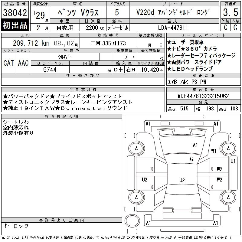 Аукционный лист MERCEDES BENZ V CLASS 2017