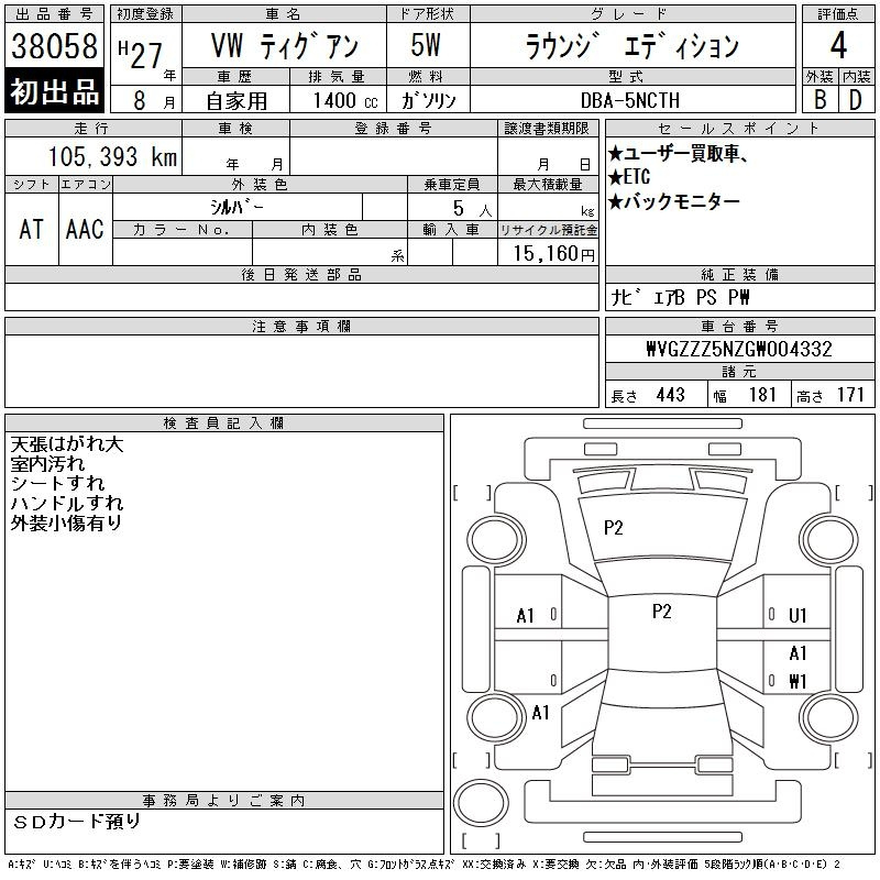 Аукционный лист VOLKSWAGEN TIGUAN 2015