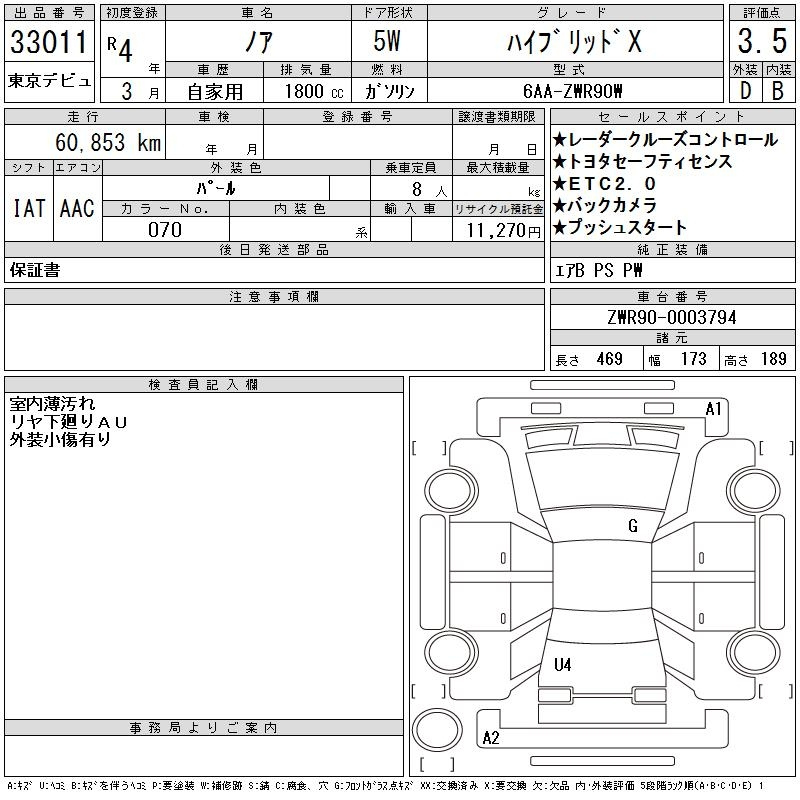 Аукционный лист TOYOTA NOAH 2022
