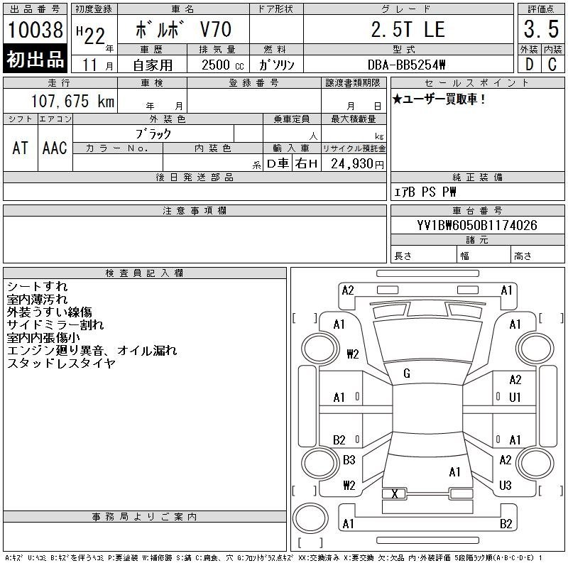 Аукционный лист VOLVO V70 2010