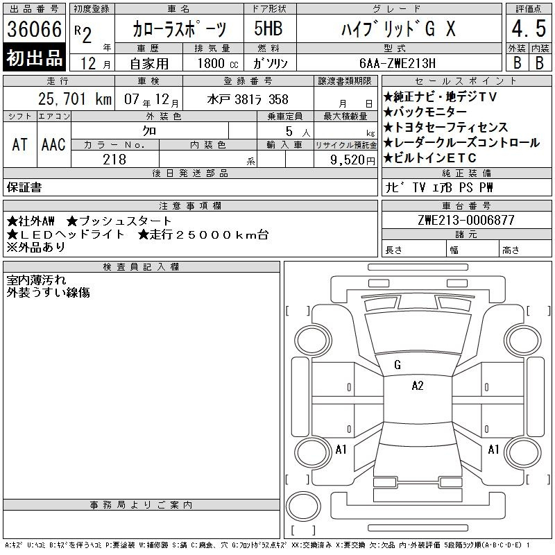 Аукционный лист TOYOTA COROLLA SPORT 2020