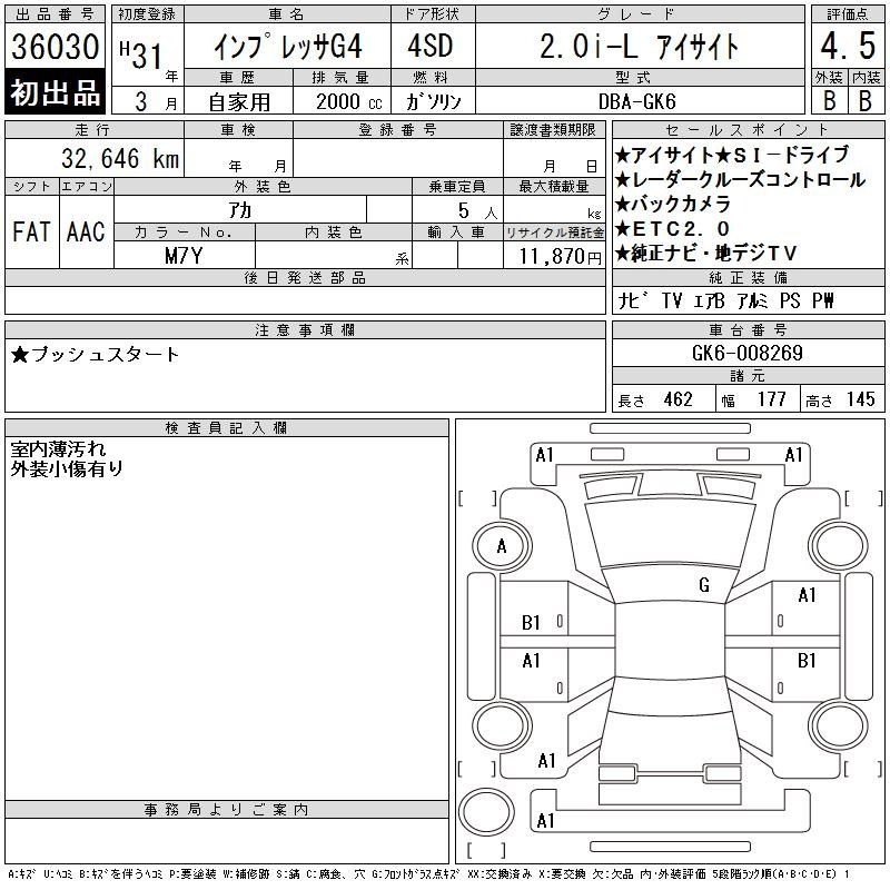 Аукционный лист SUBARU IMPREZA G4 2019