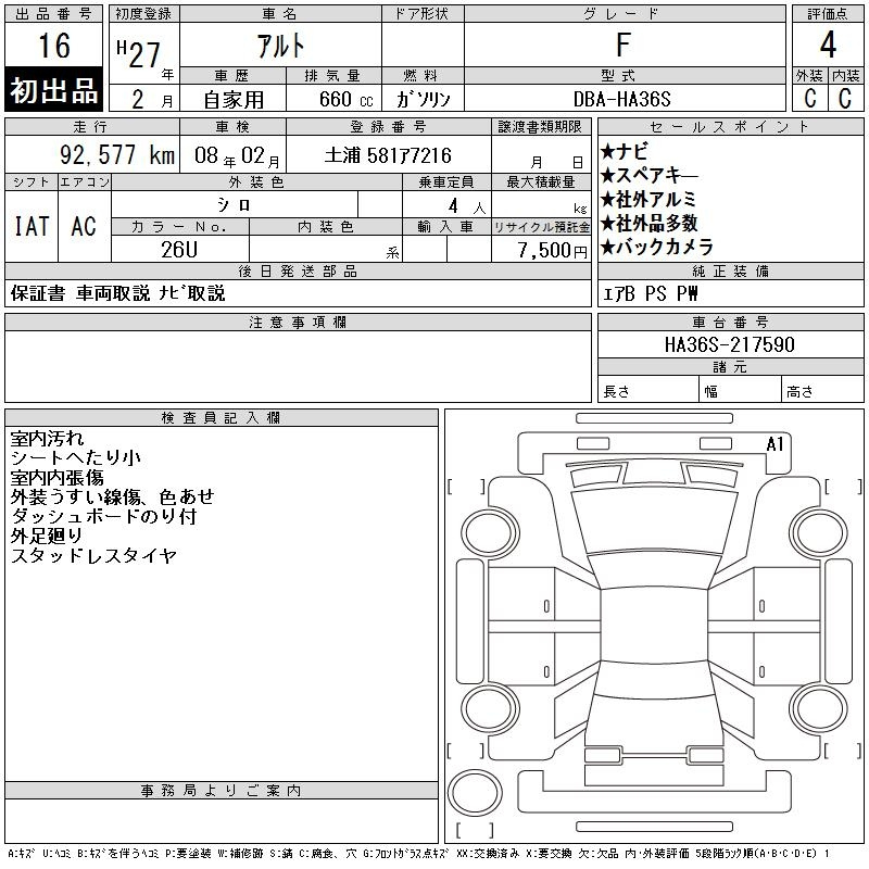 Аукционный лист SUZUKI ALTO 2015