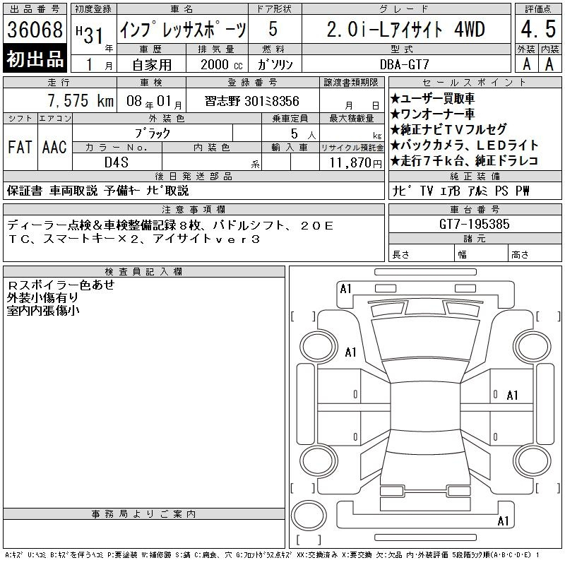 Аукционный лист SUBARU IMPREZA 2019