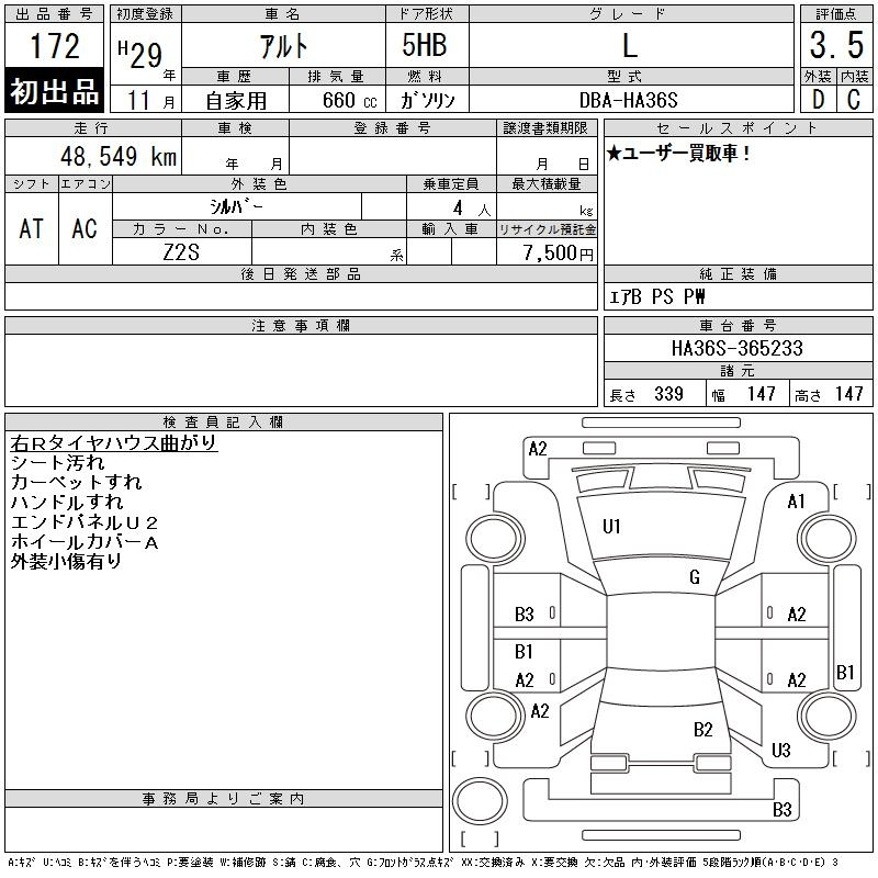 Аукционный лист SUZUKI ALTO 2017