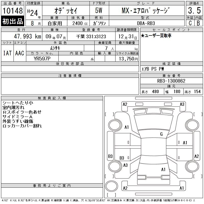 Аукционный лист HONDA ODYSSEY 2012