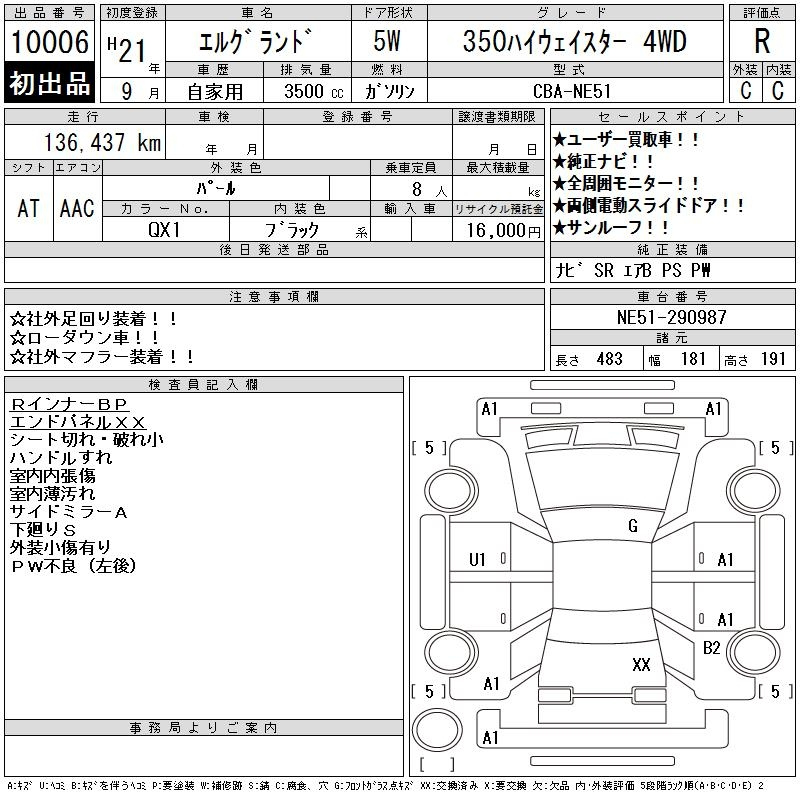 Аукционный лист NISSAN ELGRAND 2009