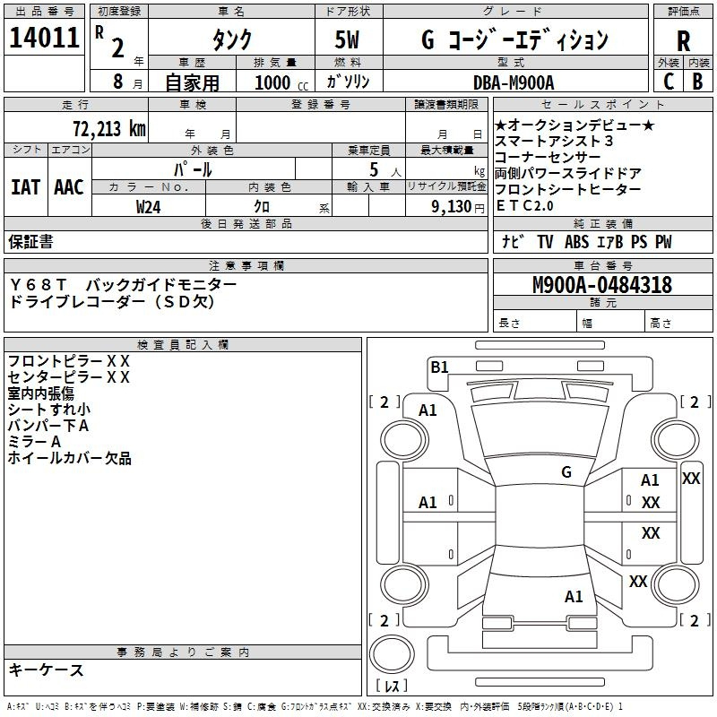 Аукционный лист TOYOTA TANK 2020
