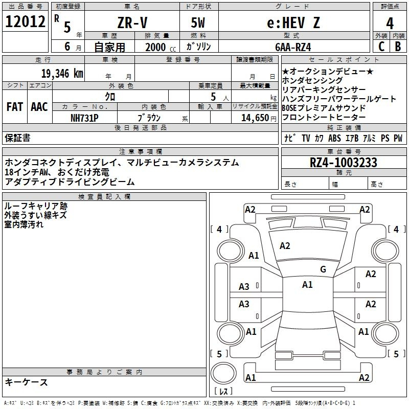 Аукционный лист HONDA ZR-V 2023