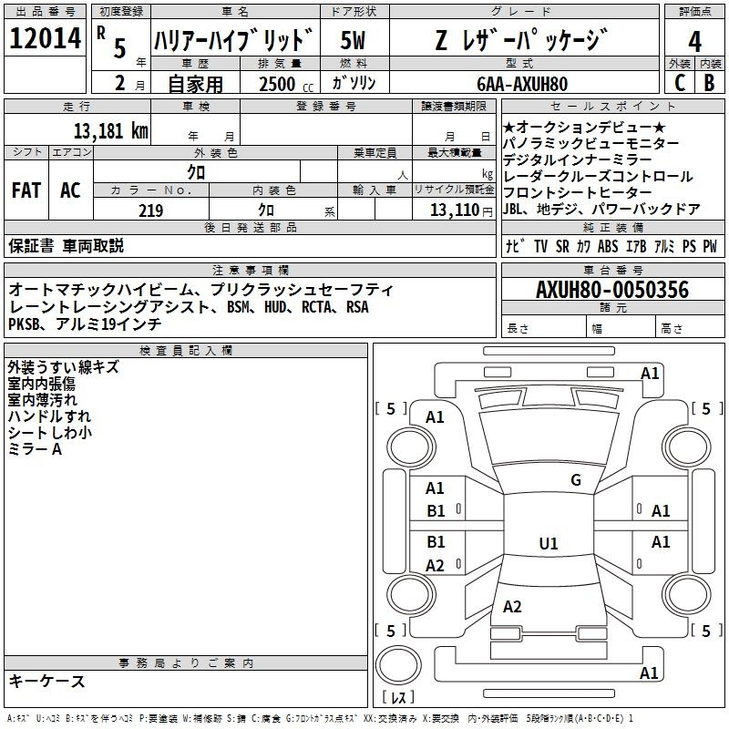 Аукционный лист TOYOTA HARRIER 2023