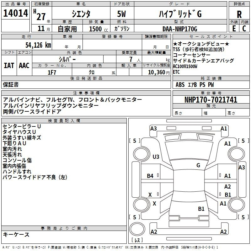 Аукционный лист TOYOTA SIENTA 2015