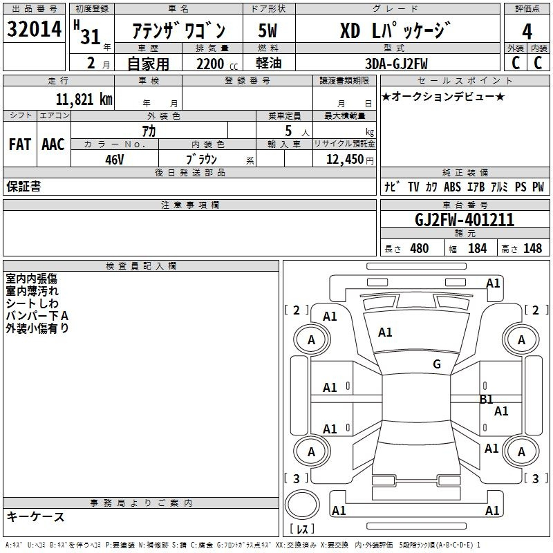 Аукционный лист MAZDA ATENZA WAGON 2019