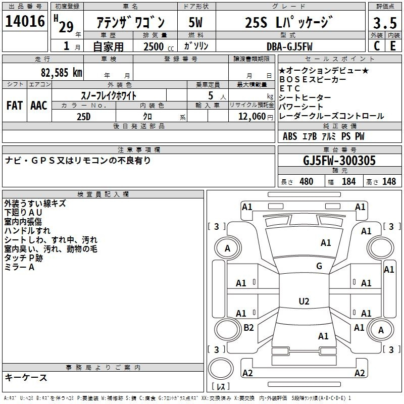 Аукционный лист MAZDA ATENZA WAGON 2017