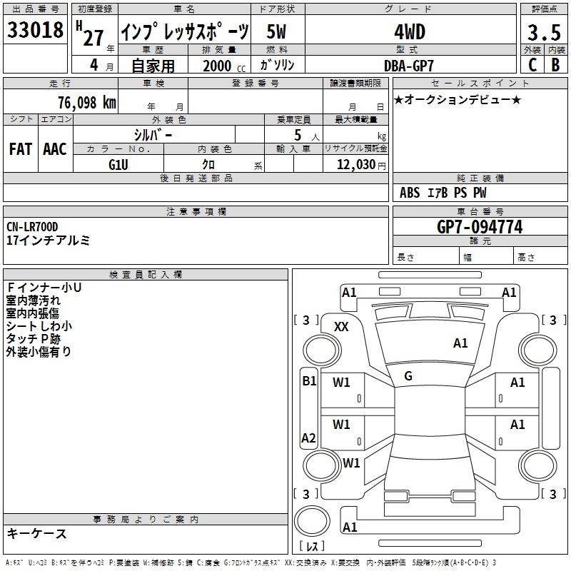Аукционный лист SUBARU IMPREZA 2015