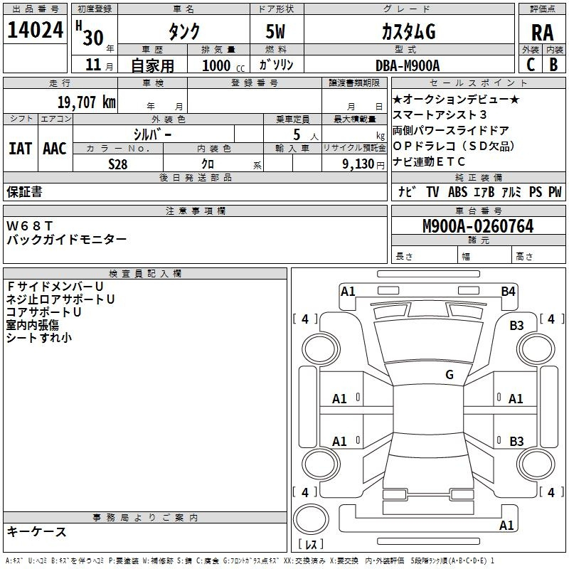 Аукционный лист TOYOTA TANK 2018
