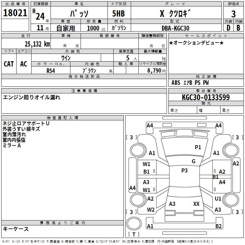Аукционный лист TOYOTA PASSO 2012