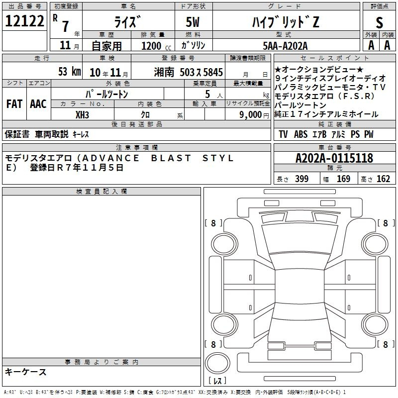 Аукционный лист TOYOTA RAIZE 2025