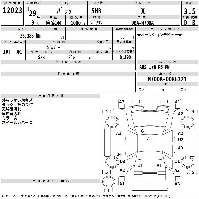 Аукционный лист TOYOTA PASSO 2017