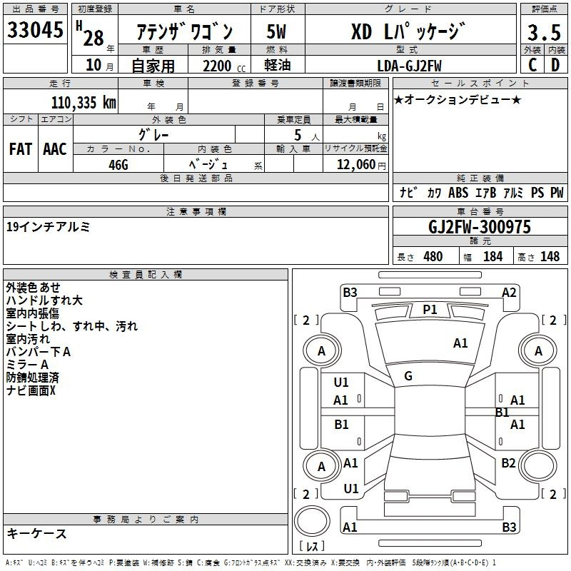 Аукционный лист MAZDA ATENZA WAGON 2016
