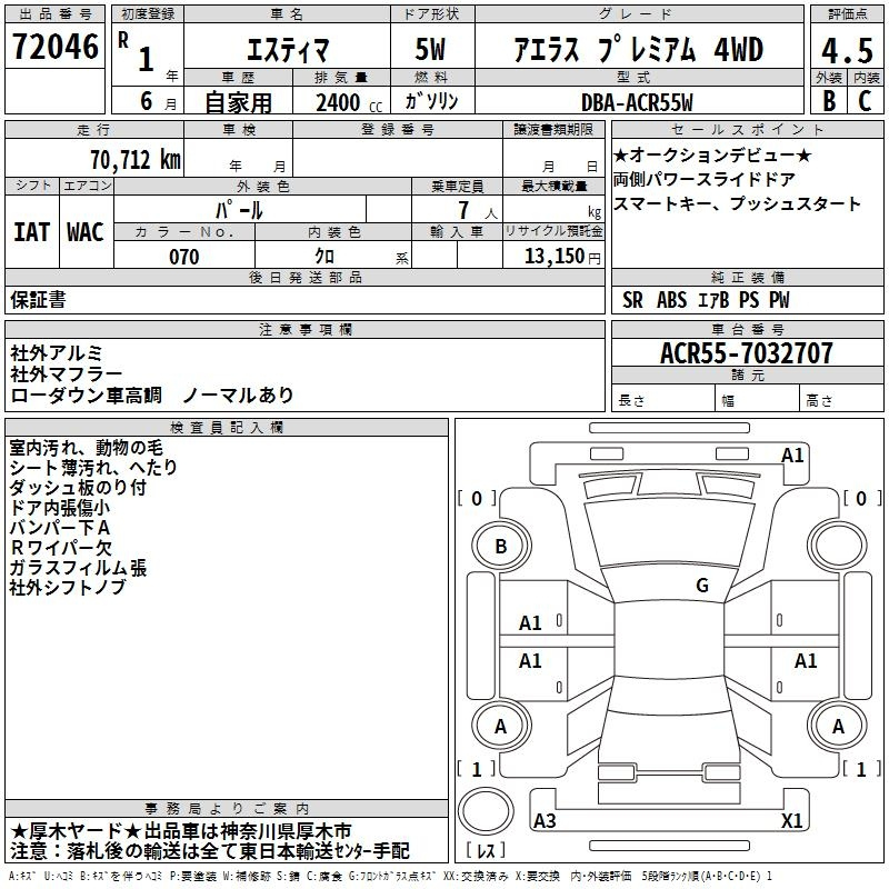 Аукционный лист TOYOTA ESTIMA 2019