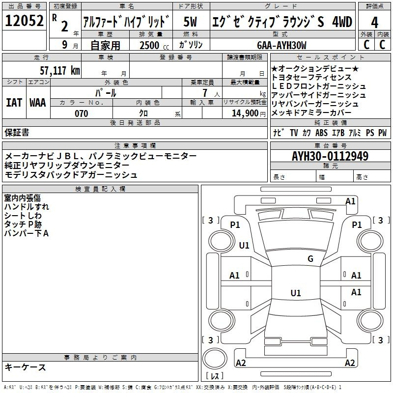 Аукционный лист TOYOTA ALPHARD 2020