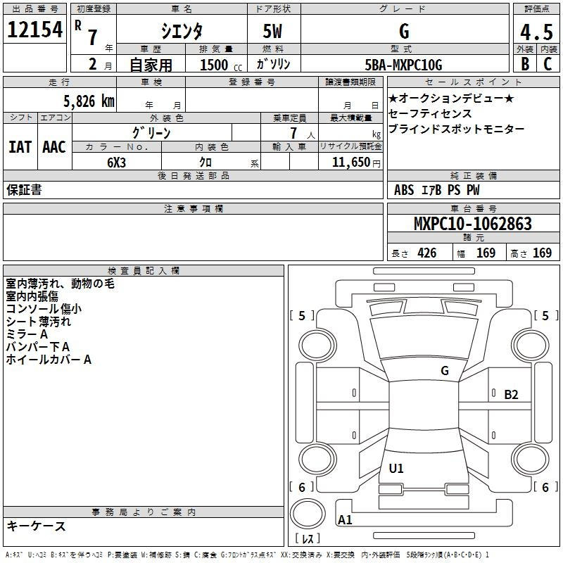Аукционный лист TOYOTA SIENTA 2025
