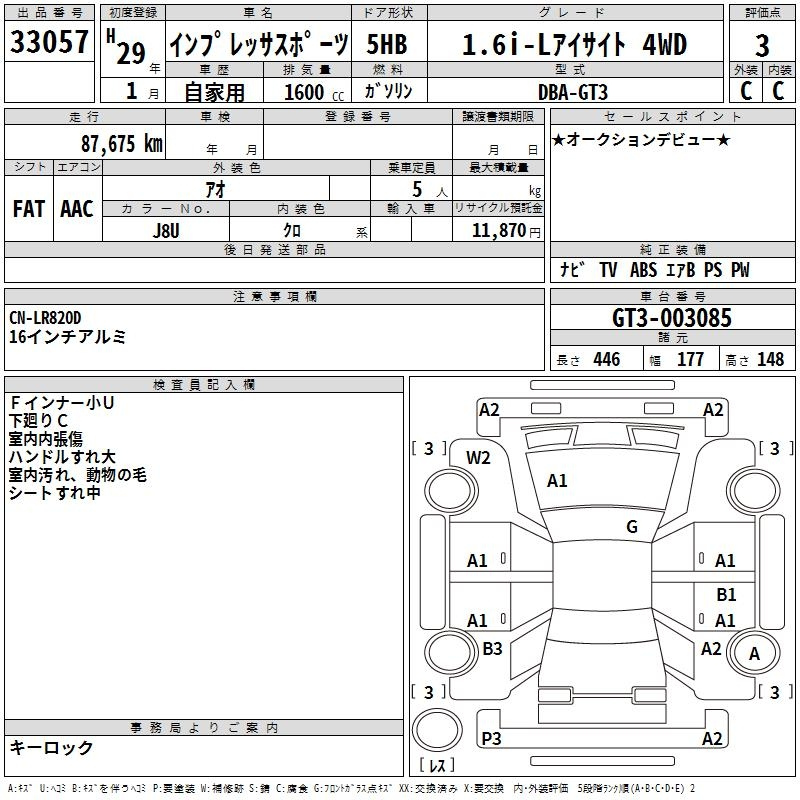 Аукционный лист SUBARU IMPREZA 2017