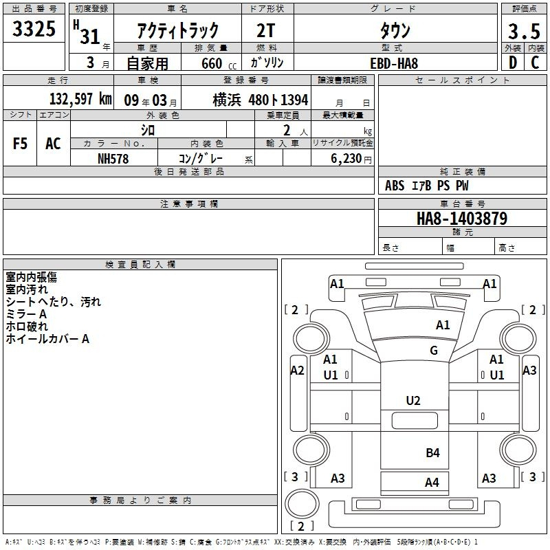 Аукционный лист HONDA ACTY TRUCK 2019