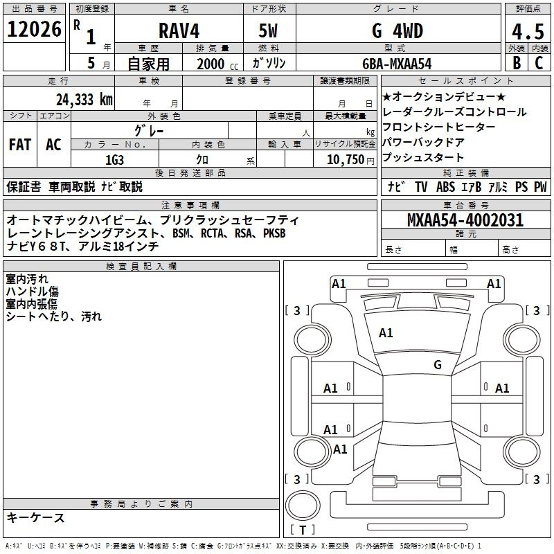 Аукционный лист TOYOTA RAV4 2019