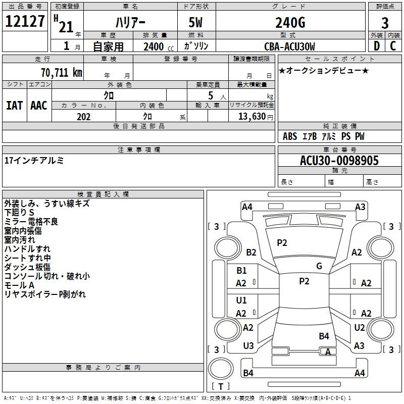 Аукционный лист TOYOTA HARRIER 2009