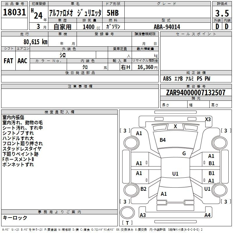 Аукционный лист ALFAROMEO GIULIETTA 2012