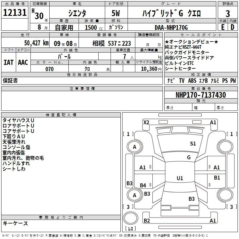 Аукционный лист TOYOTA SIENTA 2018