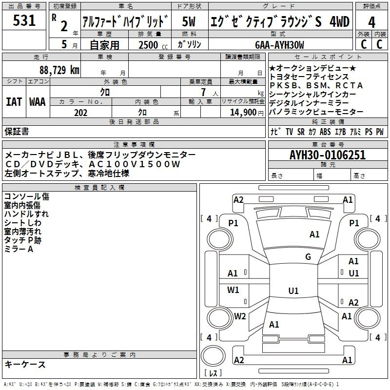 Аукционный лист TOYOTA ALPHARD 2020