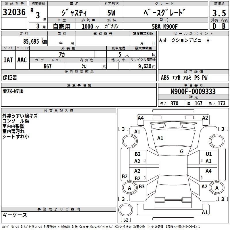Аукционный лист SUBARU JUSTY 2021