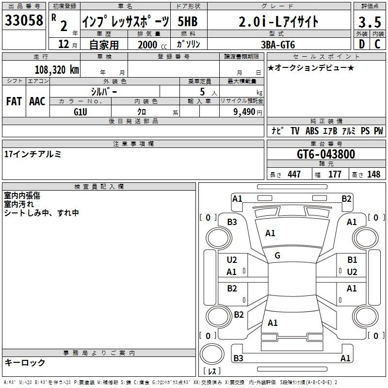 Аукционный лист SUBARU IMPREZA 2020