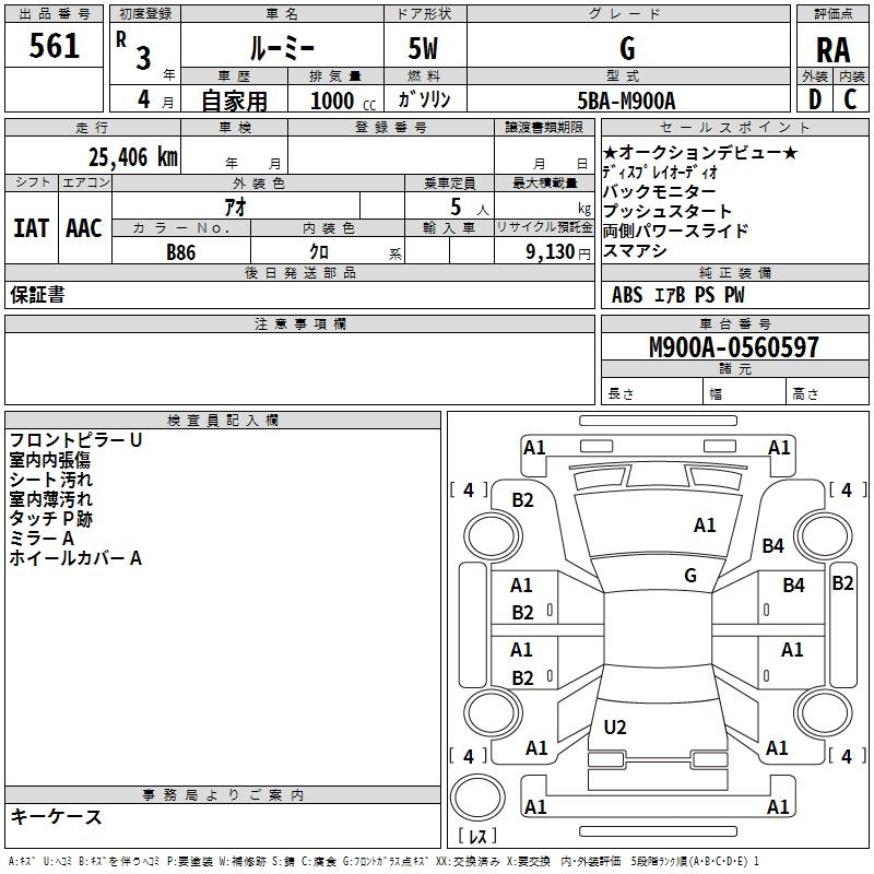 Аукционный лист TOYOTA ROOMY 2021