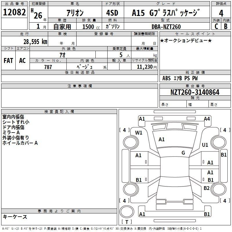Аукционный лист TOYOTA ALLION 2014