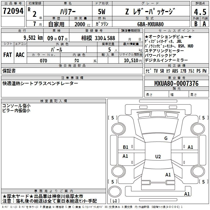 Аукционный лист TOYOTA HARRIER 2020