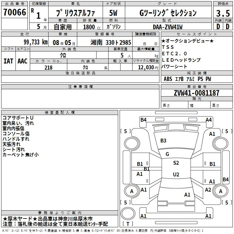 Аукционный лист TOYOTA PRIUS ALPHA 2019