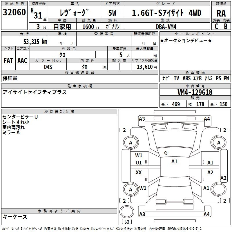 Аукционный лист SUBARU LEVORG 2019