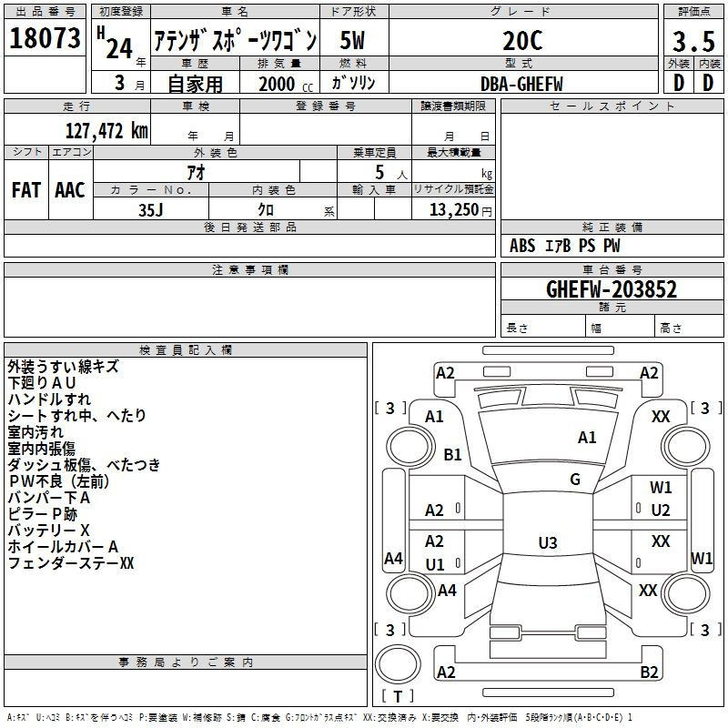 Аукционный лист MAZDA ATENZA WAGON 2012