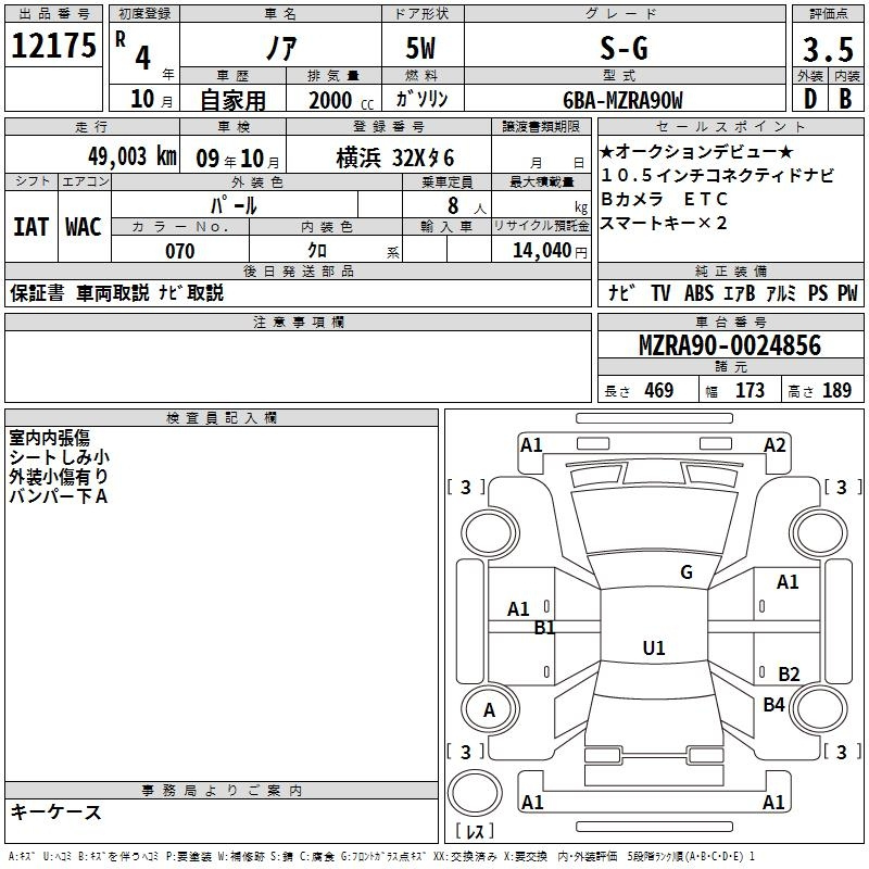 Аукционный лист TOYOTA NOAH 2022