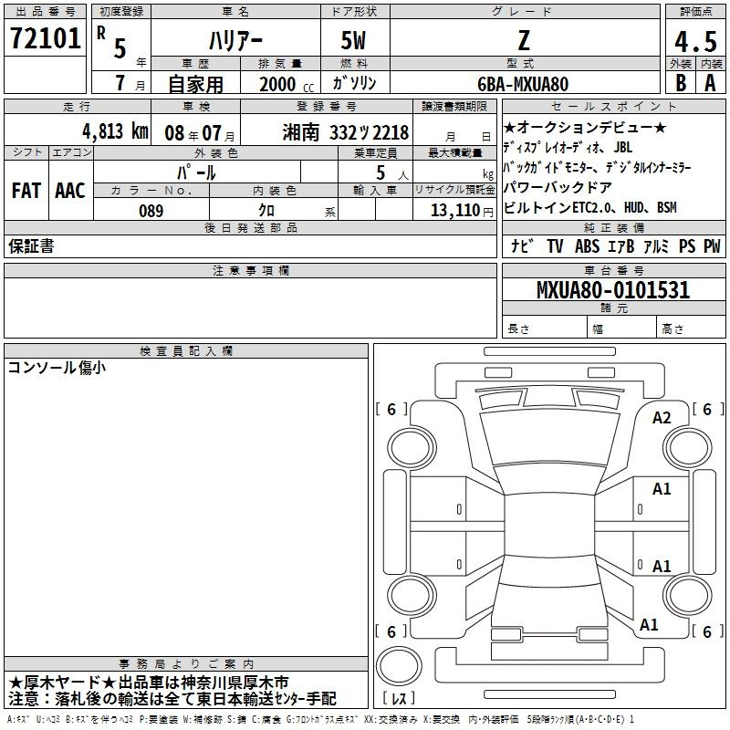 Аукционный лист TOYOTA HARRIER 2023