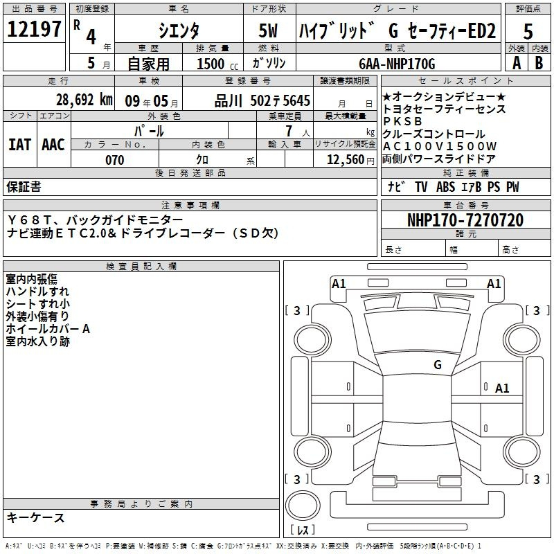 Аукционный лист TOYOTA SIENTA 2022