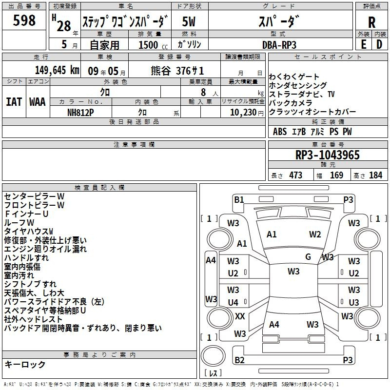 Аукционный лист HONDA STEP WAGON 2016