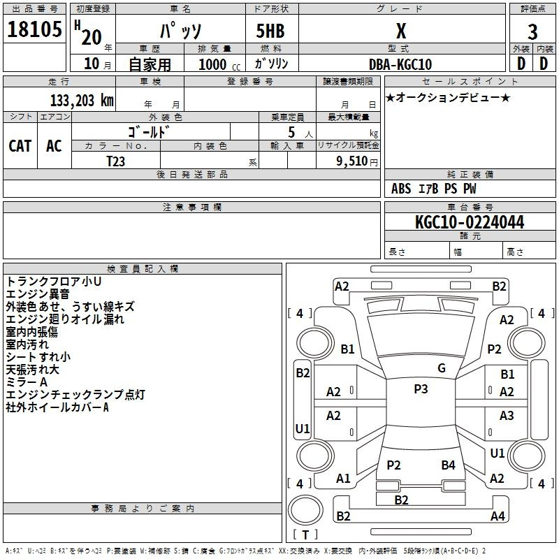 Аукционный лист TOYOTA PASSO 2008