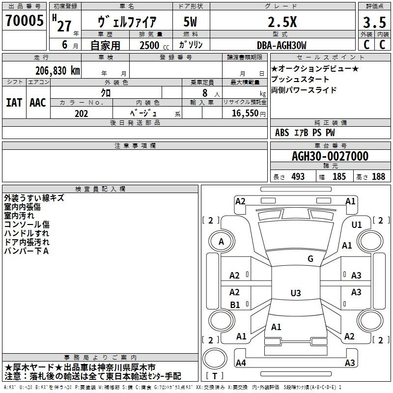 Аукционный лист TOYOTA VELLFIRE 2015