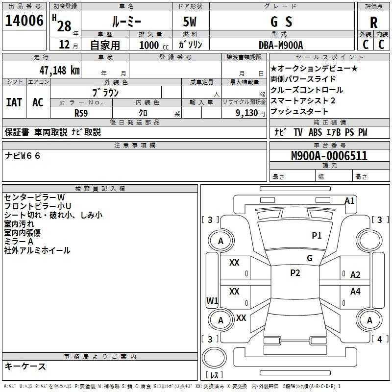 Аукционный лист TOYOTA ROOMY 2016