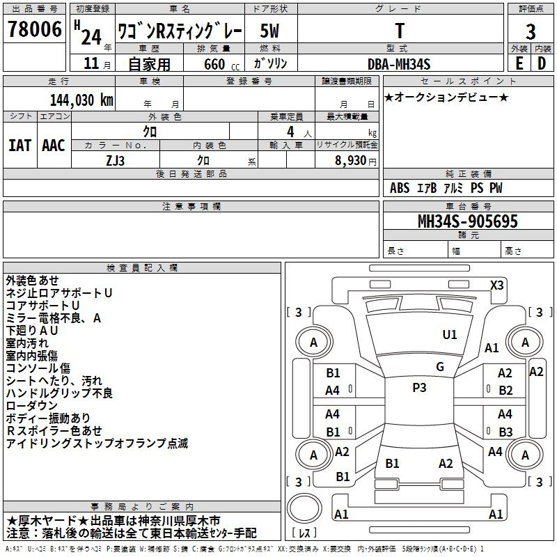 Аукционный лист SUZUKI WAGON R 2012